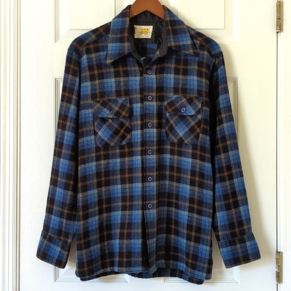 Kingsfield 90's Vintage Plaid Wool Blend Long Sleeve Button Down Shirt Blue L - Picture 1 of 12